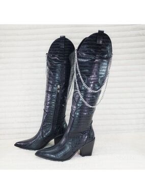 Dallas Black Croc Snake Texture Western Knee High Draped Chain Cowgirl Boots